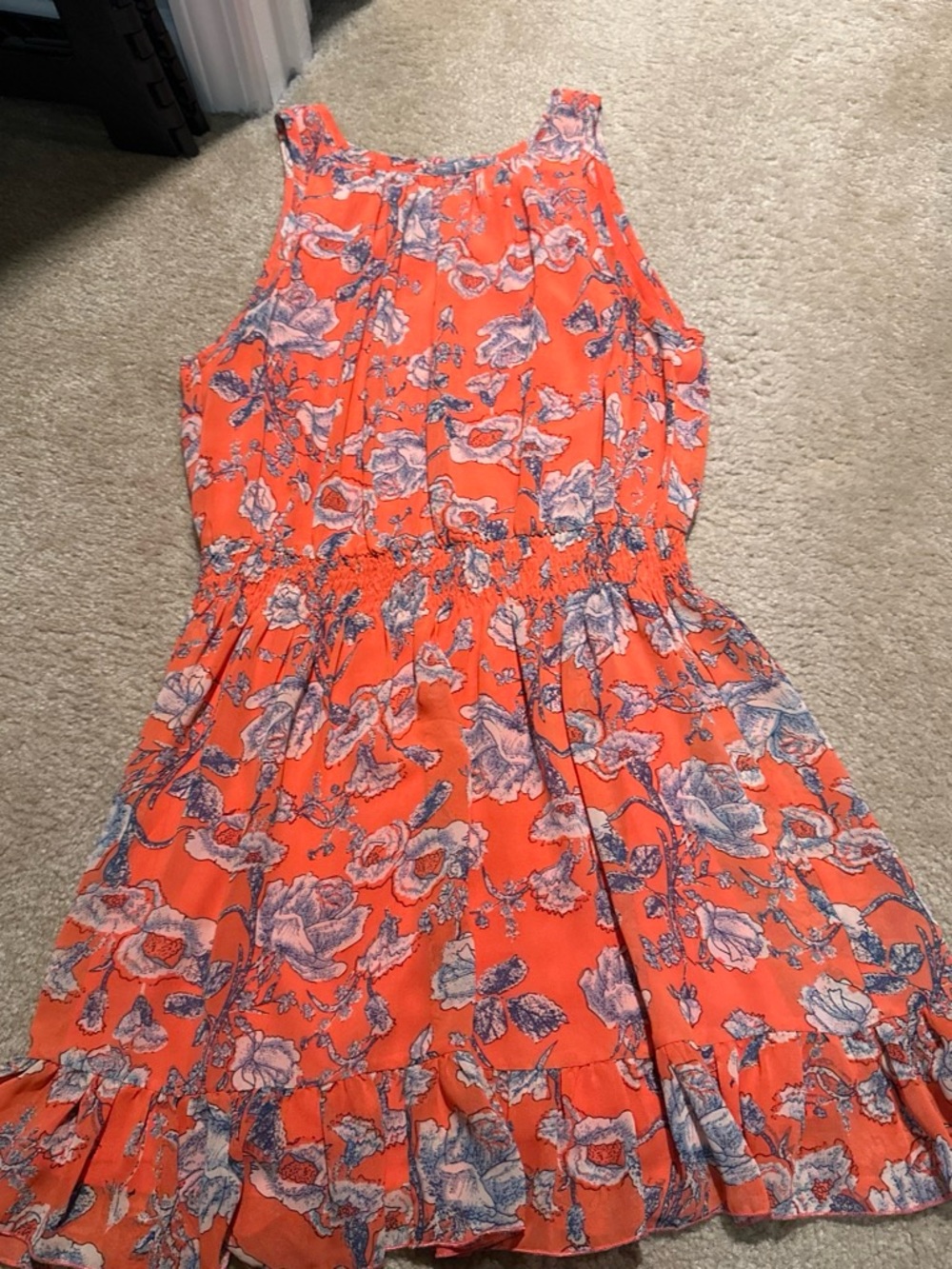 Umgee Coral Orange Floral Sleeveless Dress with Blue Print